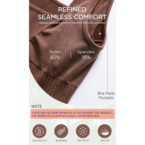 Women's Stone Washing Brown Square Neck Low Back Ribbed Cropped Sports Bra - Picture 5 of 5